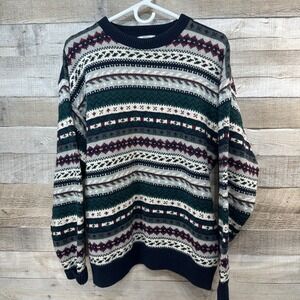 Cape Isle Knitters Mens Fair Isle Knit Crew‎ Neck Sweater Navy/Green/Cran Size M